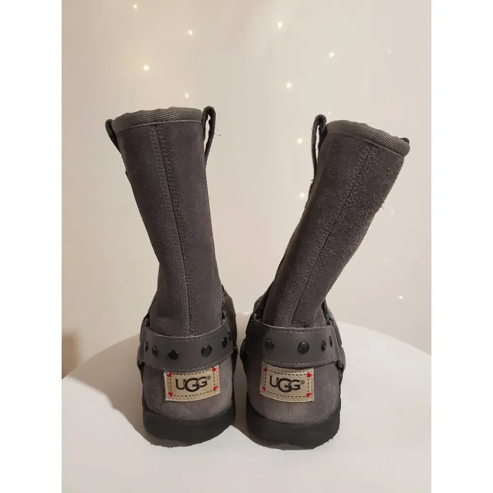 Ugg Heart Kids Suede Shearling Lined Mid Moto Boots Size 4 Gray Winter Leather